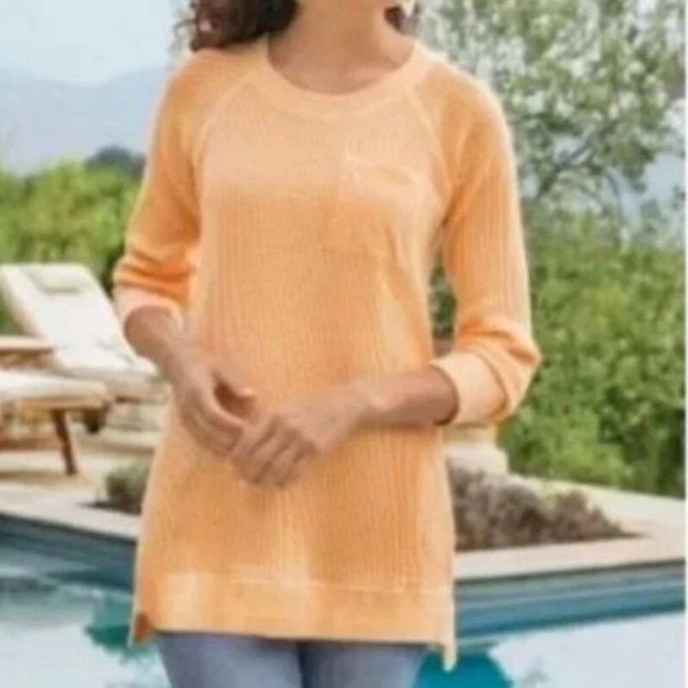 Soft Surroundings Autumn orange peach waffle knit tunic top Large Split Sides Lg